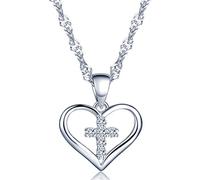 Infinite U Classic croce in argento Sterling 925 con ciondolo a forma di cuore zircone collana per donna/ragazza, colore: Argento