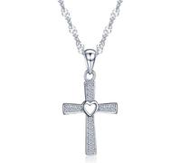 Infinite U - Collana con ciondolo a croce classica con foro centrale a forma di cuore, in argento Sterling 925 rodiato, con zirconi cubici, da donna/ragazza, colore: argento