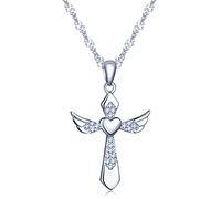 Infinite U - Collana con ciondolo a forma di croce con ali d'angelo e cuore, in argento Sterling 925 rodiato con zirconi, collana per donna/ragazza