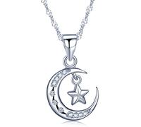Infinite U Fashion - Collana con ciondolo a forma di stella a mezzaluna in argento Sterling 925 con zirconi cubici, per donne e ragazze, argento