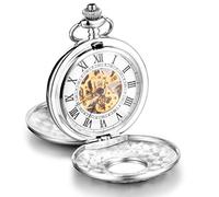 Infinite U, grande orologio meccanico da taschino con cassa di alta qualità a doppio coperchio, numeri romani, in acciaio, con lunga collana in argento e con sacchetto regalo, per uomo o donna