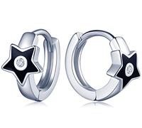 Infinite U - Orecchini a cerchio in argento Sterling 925, a forma di stella nera, per donna/ragazza, argento sterling 925