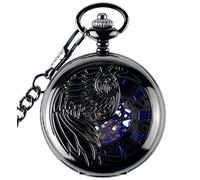 Infinite U - Orologio da tasca meccanico, con numeri romani, motivo: aquila/angelo/fenice, con meccanismo a vista, catena in acciaio, colore nero