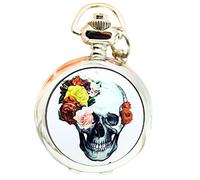 Infinite U teschio e rose piccolo orologio da tasca al quarzo con specchio numeri arabi argento