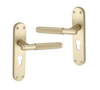 Infinity Decor Coppia di maniglie zigrinate in ottone satinato su piastra posteriore con serratura a chiave, set da 185 mm x 40 mm, ideali per porte interne ed esterne