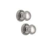 Infinity Decor Set di pomelli per porta a mortasa in ottone massiccio cromato satinato, design in corda georgiana, 50 mm, maniglie a molla per porte interne ed esterne