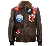 Infinity Leather Giubbotto Bomber da Uomo in Pelle Marrone con Collo e Toppe in Pelle di Pecora Stile Top Gun Air Force A2 Flight M