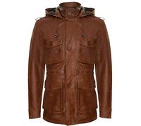 Infinity Leather Trench Multitasche Uomo di Pelle Marrone Chiaro con Cappuccio e Coulisse 5XL