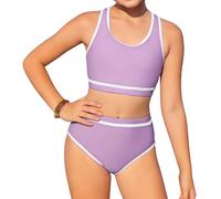 InfiniZer Set bikini da ragazza, tinta unita, costume da bagno in due pezzi, con imbottitura sul petto, costume da bagno a vita alta, bikini sportivo per adolescenti, 8-12 anni