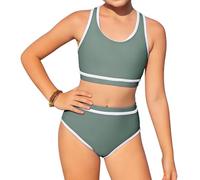 InfiniZer Set bikini da ragazza, tinta unita, costume da bagno in due pezzi, con imbottitura sul petto, costume da bagno a vita alta, bikini sportivo per adolescenti, 8-12 anni