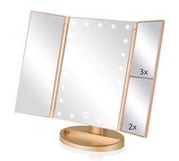 Infitrans Specchio con Luce,Specchi da Tavolo con Touch Screen Tri-Fold, ingrandimento 1x / 2X / 3X e Caricatore USB o Wireless, Luce LED Regolabile a 180 ° per Il banco da Viaggio (Oro)