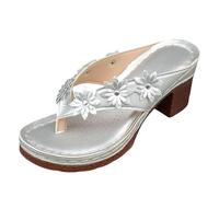 Infradito con tacco da donna, tacco a blocco, punta aperta, sandali con plateau, design floreale, vestibilità larga, eleganti, casual, comode, per feste, serate, passeggiate, Argento, 40.5 EU