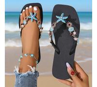 Infradito da donna con punta quadrata, stile di moda da spiaggia con elementi di conchiglia, stella, corallo e oceano, stile cinese, con strass, texture in catena metallica, per spiaggia, festa e all'