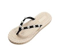 infradito da donna con suola in paglia, stile bohémien, strass piatti, infradito con perle, clip toe, pantofole da spiaggia, leggere, comode, antiscivolo, Nero 1, 40