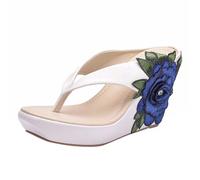 Infradito da donna con zeppa e plateau, sandali estivi ricamati con rosa, casual, tacco alto, da spiaggia, vacanze, bianco, 38.5 EU