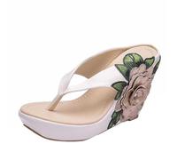 Infradito da donna con zeppa floreale con zeppa sandali infradito con fiore 3D ricamato estate vacanze zeppe donna casual spiaggia scarpe da passeggio calzature, Beige, 38 EU