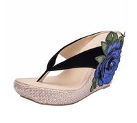 Infradito da donna con zeppa floreale con zeppa sandali infradito con fiore 3D ricamato estate vacanze zeppe donna casual spiaggia scarpe da passeggio calzature, Blu, 39 EU