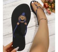 Infradito da donna, sandali estivi, sandali piatti da donna, ciabatte blu casual da vacanza alla moda, ciabatte da vacanza all'aperto con punta tonda e aperta, sandali da spiaggia con cinturino tra le