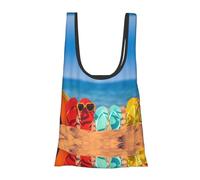 Infradito su una spiaggia sabbiosa con stampa riutilizzabile, pieghevole, lavabile, borsa della spesa pieghevole in un sacchetto Eco Tote Shopping Bag