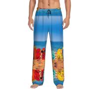 Infradito su una spiaggia sabbiosa pantaloni pigiama da uomo, pantaloni lunghi da uomo, morbidi pantaloni da notte con tasche regolabili con coulisse, Nero , M