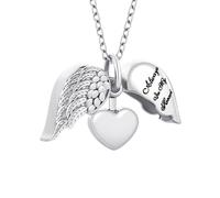 InfuMemo Collana con ciondolo a forma di cuore con ala d'angelo, urna per ceneri con mini urna commemorativa, gioiello per donne e uomini, Acciaio inossidabile