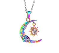InfuMemo Collana con ciondolo per ceneri con luna, sole e rosa, con mini ricordo umano per donne e uomini cari, Acciaio inossidabile