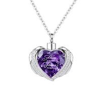 InfuMemo Collana da donna con ciondolo a forma di urna a forma di cuore con ala d'angelo, collana con urna a forma di cuore con mini urna commemorativa, Acciaio inossidabile