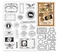 INFUNLY Etichette vintage Timbri trasparenti e fustelle per la creazione di biglietti Tag Frame Tag Timbro in gomma e Die Cuts Distintivi rotondi Sigilli di timbro in silicone Retro Mark Modelli di