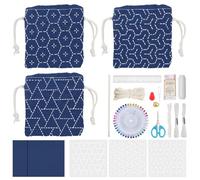 INFUNLY Sashiko, set da 3 pezzi da ricamo con cordino, 50 x 50 cm, in cotone e lino, set fai da te, con stencil in PET riutilizzabili, set da cucito a mano, per adulti, colore blu scuro