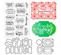 INFUNLY Set di 3 timbri e fustelle per la creazione di biglietti con parole di benedizione e set di timbri Happy Spring Clear Stamps Label Die Cuts Happy Wedding timbri in silicone per fai da te