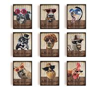 INFUNLY Set di 9 divertenti stampe artistiche da parete con animali country vintage asino con occhiali da parete pittura senza cornice, casa, decorazione natalizia