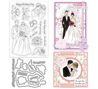 INFUNLY Set di timbri trasparenti e fustelle con scritta "Happy Wedding Day" e "Bride and Groom", riutilizzabili, in silicone, bouquet, sigillo trasparente, benedizione, matrimonio, testo, timbri in