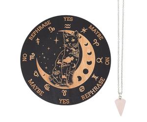 INFUNLY Tavola a pendolo in legno da 20,1 cm Cat Moon Strega Rabdomante Divination Planchette Board Metafisica Messaggio Board con collana di cristallo curativo Stregoneria Wicca Kit forniture per