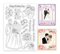 INFUNLY Timbro trasparente con scritta "Happy Wedding Day" e "Bride and Groom", riutilizzabile, trasparente, bouquet da sposa, timbri in silicone con testo di benedizione per matrimoni, biglietti di