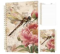 INFUNLY Vintage Dragonfly Spiral Notebook 5.5"x8.3" Retro Floral Spiral Journal Dragonfly Pink Peony Spiral Diary Insect Wire Bound Notebook Vintage Flower Coil Bound Pad for Office School Gifts
