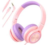 INFURTURE Cuffie per bambini CH5 USB C con microfono per ragazzi/ragazze, controllo della linea, limite di volume 94 dB, cuffie on-ear/cablate per scuola, viaggi, per cellulari, tablet, Kindle (rosa)
