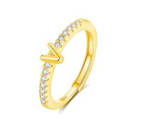 INFUSEU Anello Con Iniziale, Argento 925 18K Oro Anelli Donna Regolabili A-Z Lettera V Captiale Impilabili Personalizzato Nome Gioielli Regalo Di Mamma Donna