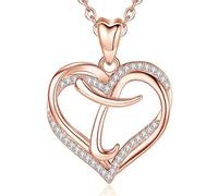 INFUSEU Collana Cuore con Iniziale T Lettera in Oro Rosa Gioielli Cubic Zirconia CZ per Donne Signora Moglie Madre Fidanzata Regali Romantici, Catena da 20 Pollici