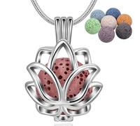 INFUSEU Collana Fiori di Loto, Ciondolo Placcato Argento Diffusore di Oli Essenziali Aromaterapia Ciondolo Medaglione D'argento 5 PZ Lava Pietre Con 24" Catena Regalo per le Donne