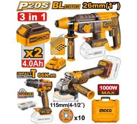 INGCO COSLI241198E Kit 3Pz Avvitatore + Smerigliatrice + Martello 2 Batterie 4Ah