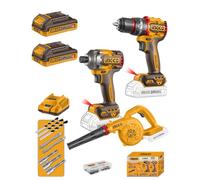 Ingco Cosli250182e Set Trapano a Percussione 76 Nm Avvitatore a Impulsi 285 nm Soffiatore a Batteria 20 V 2 Batterie e Caricabatterie Inclusi