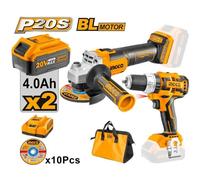 INGCO Kit Trapano avvitatore a percussione + smerigliatrice 2 Batterie 10 dischi
