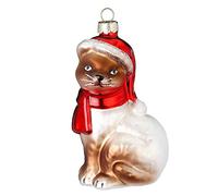 Inge-glas Decorazione per albero di Natale, in vetro, 10 cm, con cappello e sciarpa, palline di Natale, gatto di casa, marrone