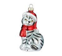 Inge-glas Decorazione per albero di Natale, in vetro, 10 cm, con cappello e sciarpa, palline di Natale, gatto domestico, grigio