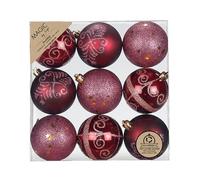 Inge-glas Set di 9 palline di Natale in plastica, 6 cm, infrangibili e con motivo glitterato, per albero di Natale, palline di Natale e decorazioni per albero di Natale, rosso scuro e rosso bordeaux