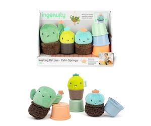 Ingenuity Sonagli Impilabili Calm Springs, per Bambini dai 3 Mesi, Set di 3 Sonagli Multi-Testurizzati Senza BPA, Unisex