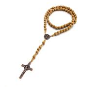 INGJIA Collana Rosario Croce cattolica, Perline di Preghiera in Legno Naturale con Croce medaglia Gesù Cristo San Benedetto, per i cristiani cattolici Comunione Religiosa, Battesimo, Messa, Bibbia