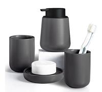 INGOFIN Set di accessori per il bagno, accessori da bagno in ceramica, per casa e hotel, con dispenser di sapone, tazze, bicchieri e portasapone, set da 4, grigio