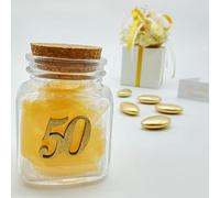 Ingrosso e Risparmio 12 pz. Vasetto portaconfetti Vetro Tappo Sughero Applicazione 50 in Legno Oro Nozze bomboniere Matrimonio Anniversario Anni Compleanno Legno segnaposto confettata