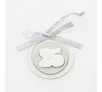 Ingrosso e Risparmio 12 X appendini a Forma di Cerchio, in Legno, Color Bianco e Argento con gessetto Numero 25, confettata, Anniversario, chiudipacco bomboniere.(Senza Confezionamento)